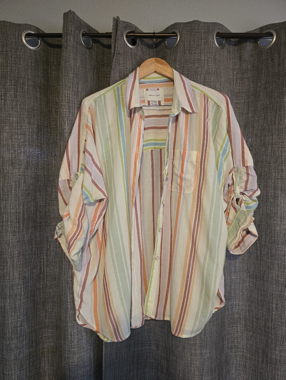 American Eagle Pastel Multicolor Striped Roll Tab Button Down Shirt XS Oversized